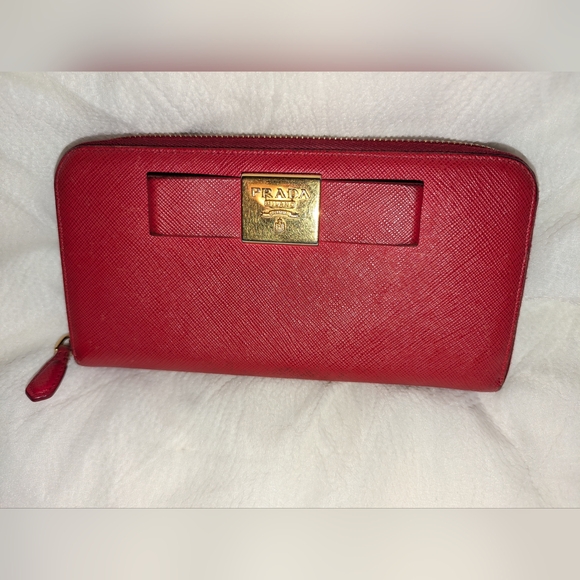 Prada Saffiano Leather Zip Around Continental Wallet Red GUC - Picture 1 of 12